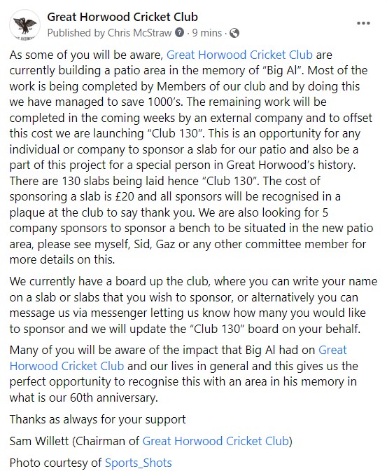Great_HorwoodCC's tweet photo. ->ANNOUNCEMENT<-

@Great_HorwoodCC would like to announce our Club 130 project in memory of 'Big Al'. This is an opportunity to remember our former Club Chairman and also celebrate his contribution to the club. Details in the below pictures. 

#Al #GHCC https://t.co/vYhio8kF5Y