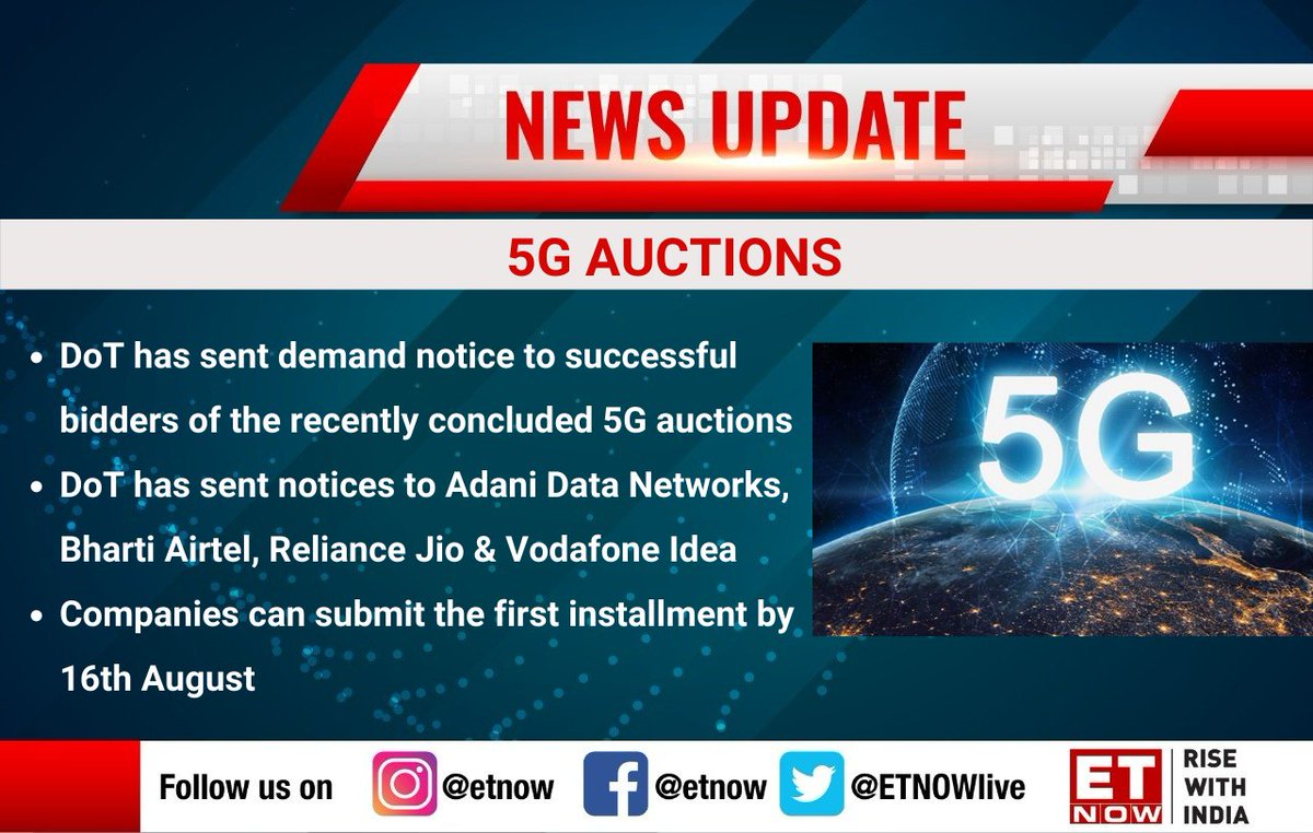 ETNOWlive's tweet image. . @DoT_India has sent demand notice to successful bidders of the recently concluded 5G auctions

#demandnotice #5GSpectrumAuction @AdaniOnline  @airtelindia @reliancejio @VodafoneGroup #stockstowatch @Daanish_Anand