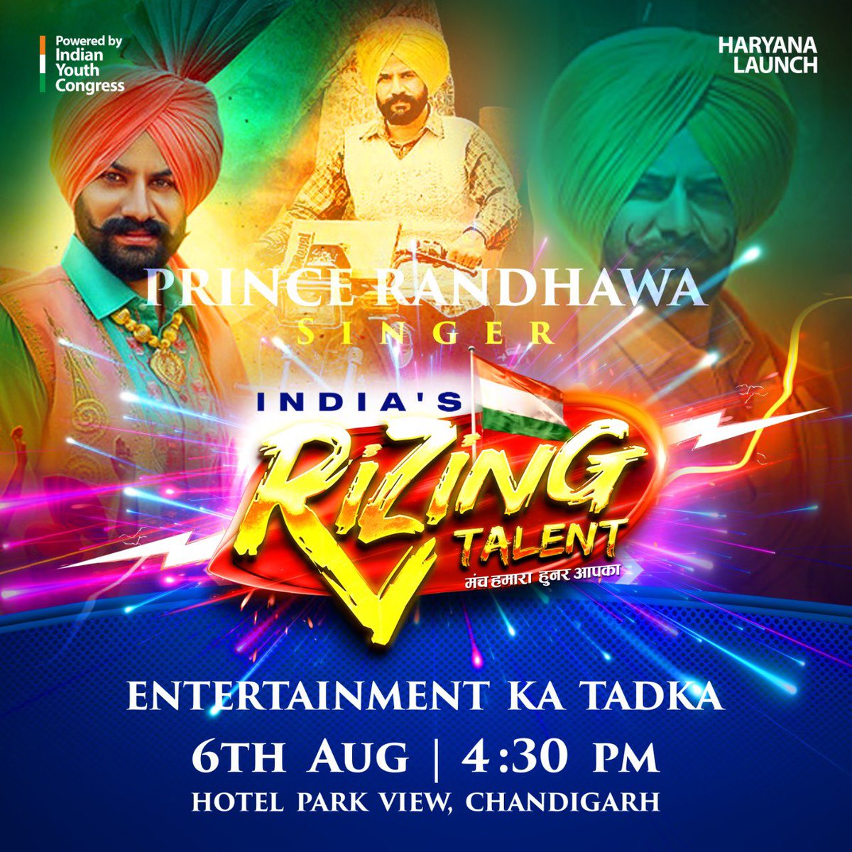 RizingTalent's tweet photo. आज चंडीगढ़ में शाम 4:30 बजे, गायक Prince Randhawa, सुरों की सरगम से दिल जीतने, INDIA’S RIZING TALENT को लॉन्च करने आ रहे हैं। 
INDIA’S RIZING TALENT
मंच हमारा, हुनर आपका https://t.co/RYY1ixvBlg