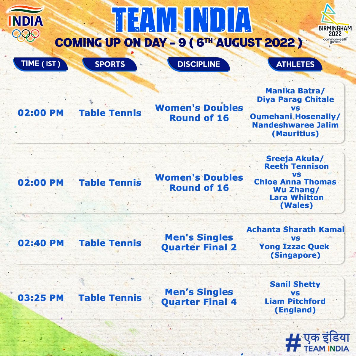 Team India on Twitter: "DAY 9 SCHEDULE 2/3"