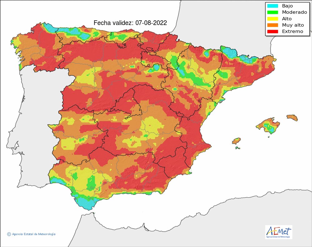 AEMET_Esp's tweet photo. #PredicciónAEMET.  Nivel de riesgo de incendios previsto hoy y mañana. https://t.co/MVph8kDaGR https://t.co/no0Cjlw3Lw