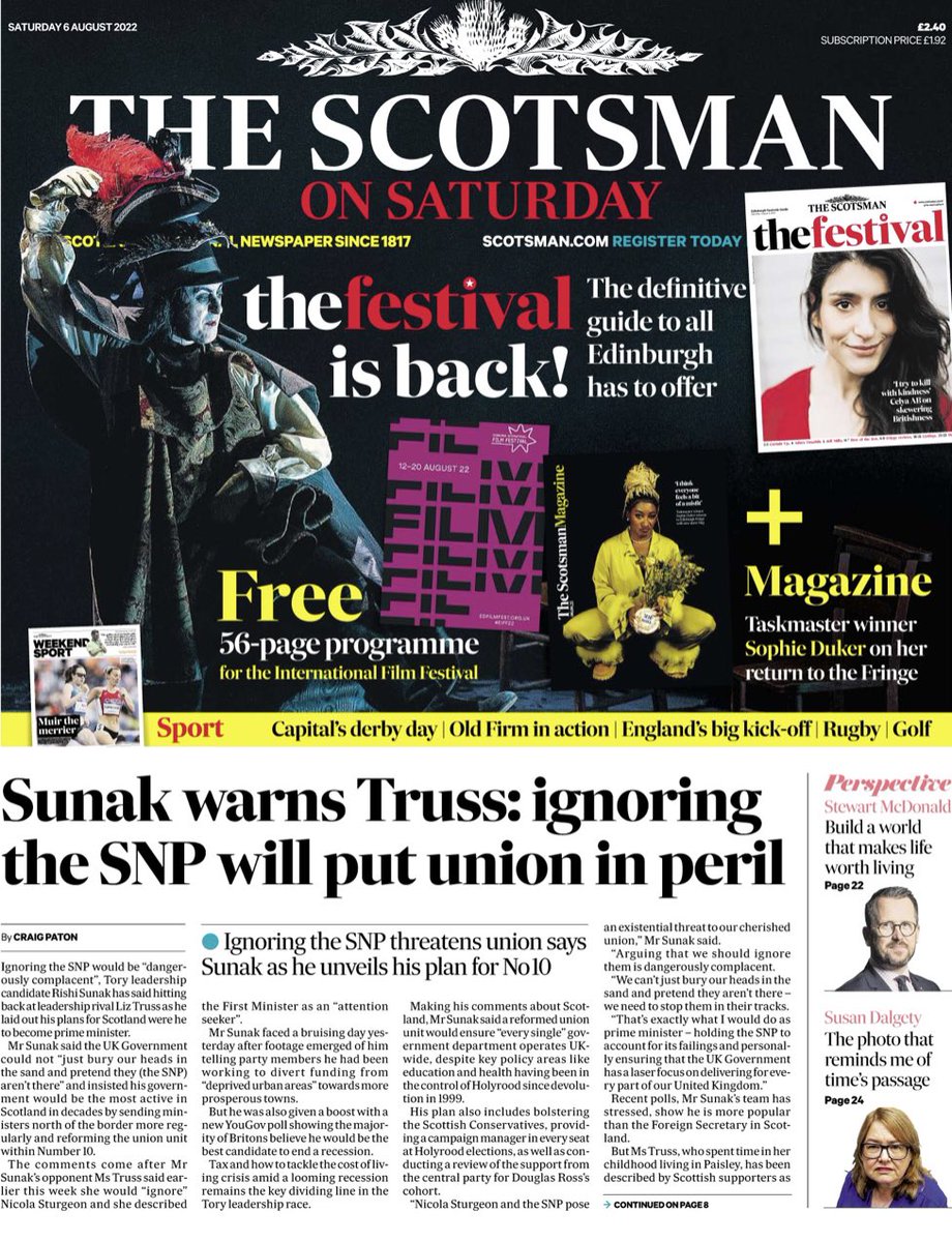 nmcintosh's tweet photo. 📣Morning Scotland! Your Saturday Scotsman is here, as we embark on our unparalleled Edinburgh Festival coverage. Today we've the daily guide, the 56-page Film Festival programme, and a brilliant magazine. And all the world in the rest of Scotland's national newspaper. Enjoy 😉 https://t.co/gIrC3Hy2Kh