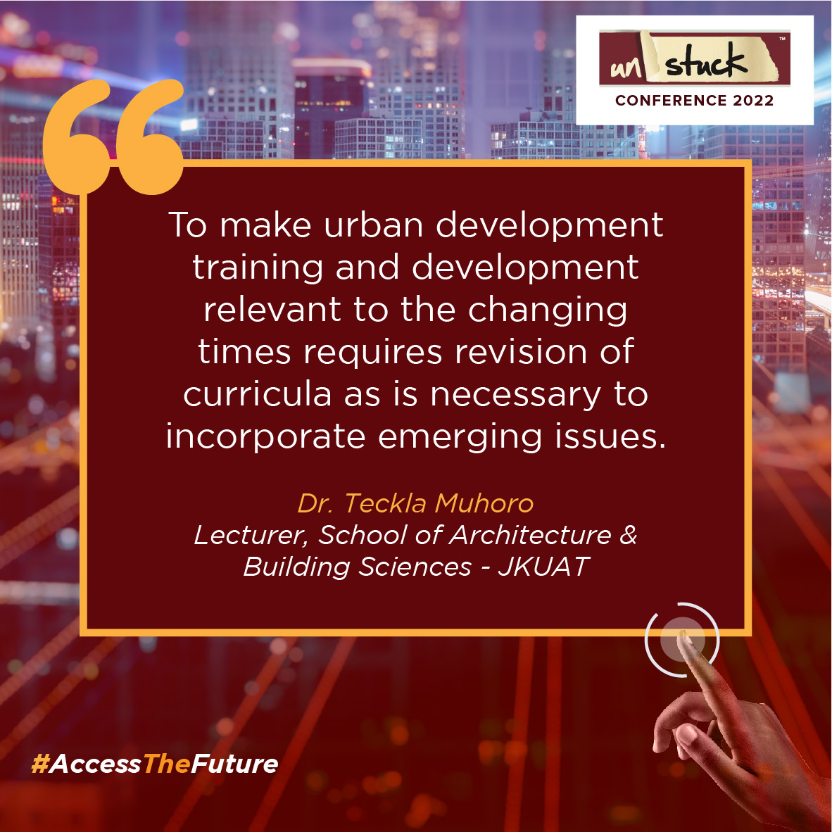 UnstuckKe's tweet photo. To make urban development training and development relevant to the changing times requires revision of curricula as is necessary to incorporate emerging issues.  

#Accessthefuture
#Equippedforimpact
#unstuckconference2022 https://t.co/vs2M7OGVg8