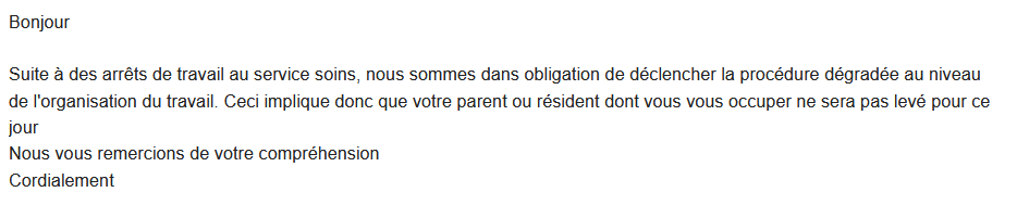 damienmaudt's tweet photo. Dans un Ehpad de ma circonscription, les résidents passeront la journée couchés, faute de personnel pour les lever.

Voici le mail de la direction aux enfants des résidents. 

Vieillir en France, sous Macron, c'est bien moche. 

Leur laisser-faire, nos souffrances. #AlloSégur https://t.co/FO0mG0uttA
