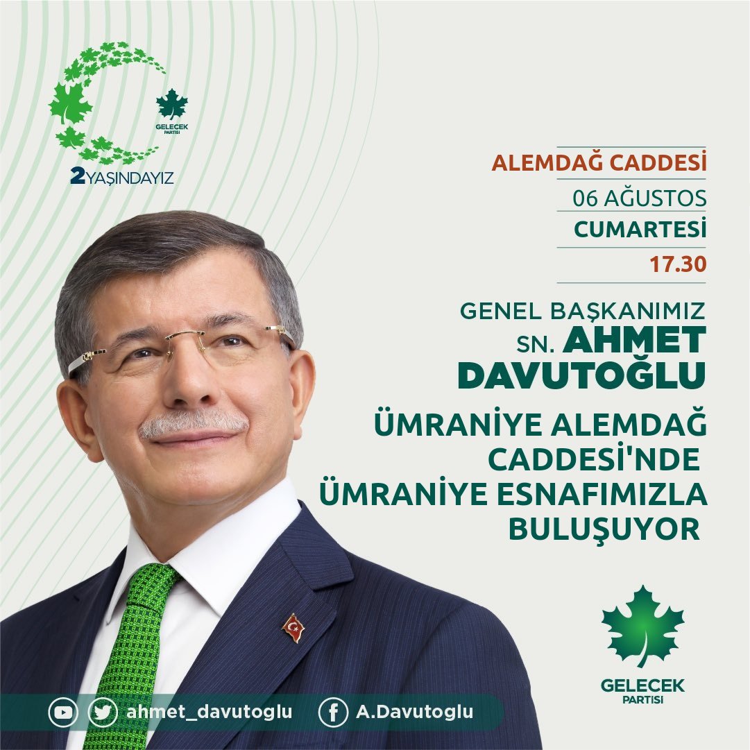 GelecekUmraniye's tweet photo. Genel Başkanımız Prof.Dr.Ahmet Davutoğlu #Ümraniye'mizde hemşehrilerimizle ve esnafımızla  buluşacaktır.
#AhmetDavutoğlu 
📍ÜMRANİYE Alemdağ Caddesi (trafiğe kapalı bölümü)
🗓️ CUMARTESİ (Bugün) 
🕠 Saat 17:30 https://t.co/V9Gf3Y6DrX