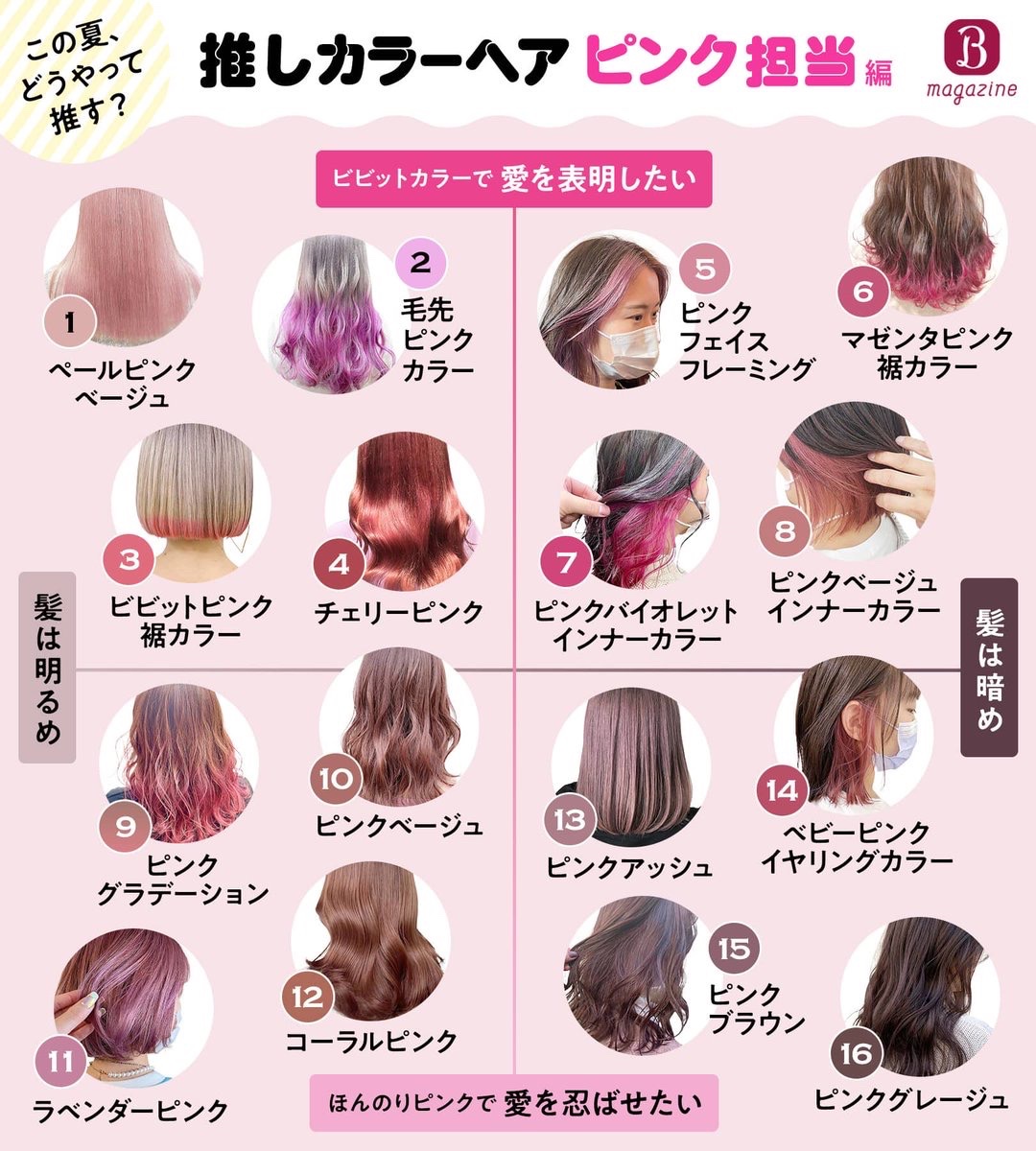 ホットペッパービューティー 夏は 髪で推し活 推しカラーピンク ブルー担当編 トレンドになりつつある推し色ファッション この夏 更に推し活が楽しめるように担当別におすすめ髪色をまとめてみたよ 愛を表明するか忍ばせるか 髪の明る