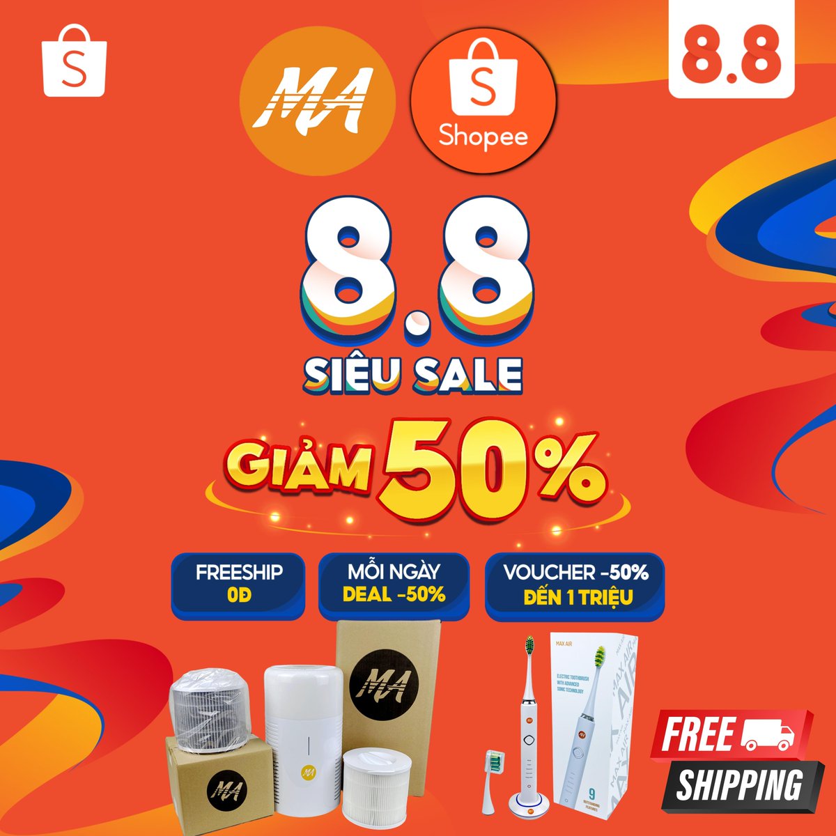 MaxairOfficial's tweet photo. Thật thích thú săn Sale 8/8 Shopee thần kì mà không cần canh giờ ‼ 
Máy lọc không khí MaxAir, Bàn chải điện MaxAir, hộp du lịch MaxAir...
 👉 BMLTM300 giảm 7% tối đa 300k
👉 Mã Freeship Extra giảm 70k phí ship
👉 Chọn giao Hỏa Tốc cho các đơn giao 12 quận Hà Nội https://t.co/GinIjhOWxi