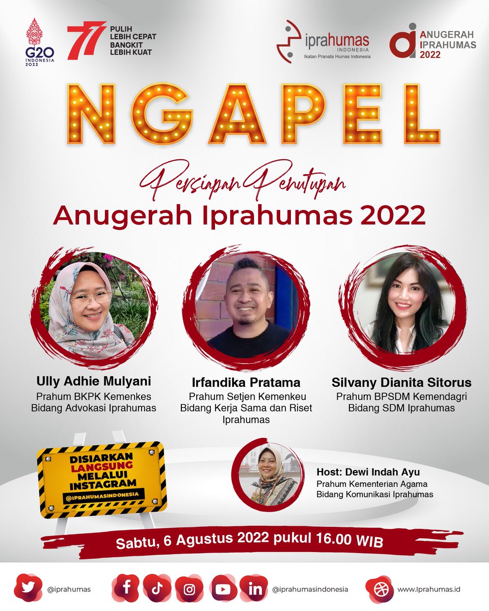Iprahumas's tweet photo. Hei #rekanhumas Jangan lupa untuk saksikan Ngapel Persiapan Penutupan Anugerah Iprahumas 2022 ya. Sabtu, 6 Agustus 2022 pukul 16.00 WIB - selesai. #anugerahiprahumas #iprahumas https://t.co/NZ9VWdWb9s