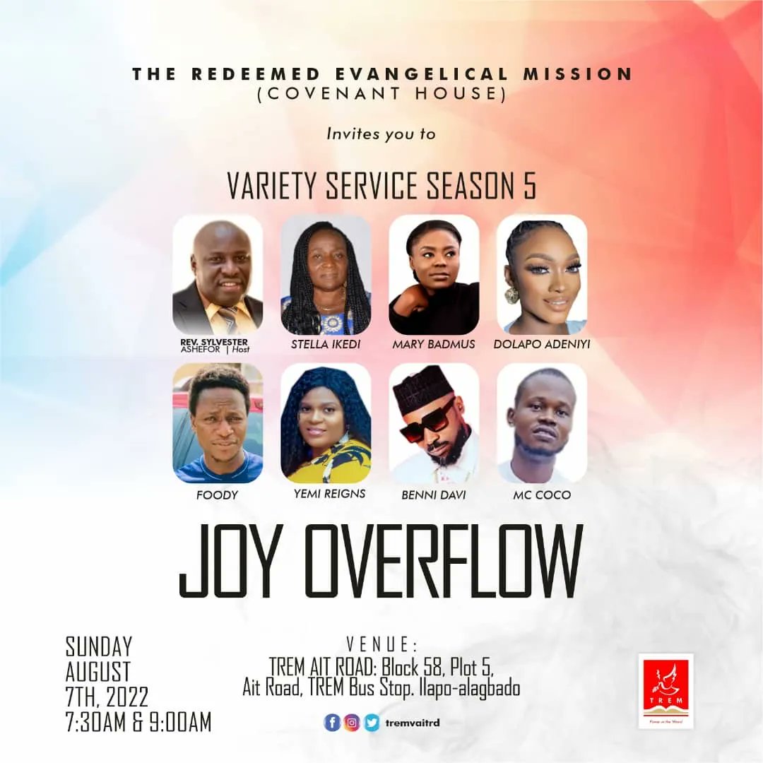 tremaitrd's tweet photo. Come, relax and enjoy JOY OVERFLOW in God’s Presence tomorrow at our Variety Service. It’ll be an amazing time in two awesome services by 7:30am &amp; 9am. Invite others!

#TREM #TREMCovenantHouse #Acceleration #VarietyService #JoyOverflow https://t.co/5EDU1VGdwb