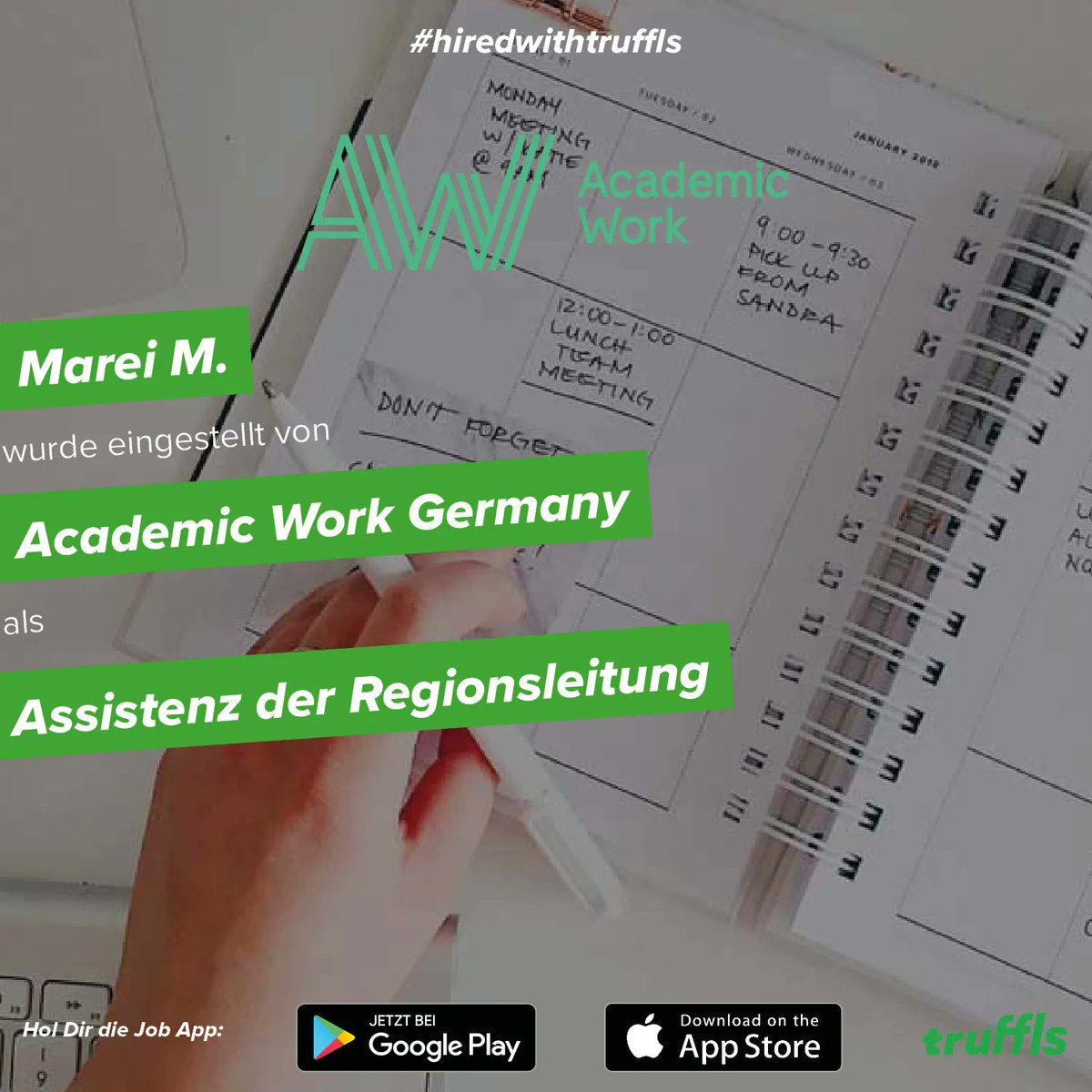 truffls's tweet image. Hired! 💚 Marei &amp;amp; Academic Work Germany 🎉
#truffls #jobapp #job #jobs #hired #recruiting #recruiter #talent #hire #newjob #personalwesen #hr