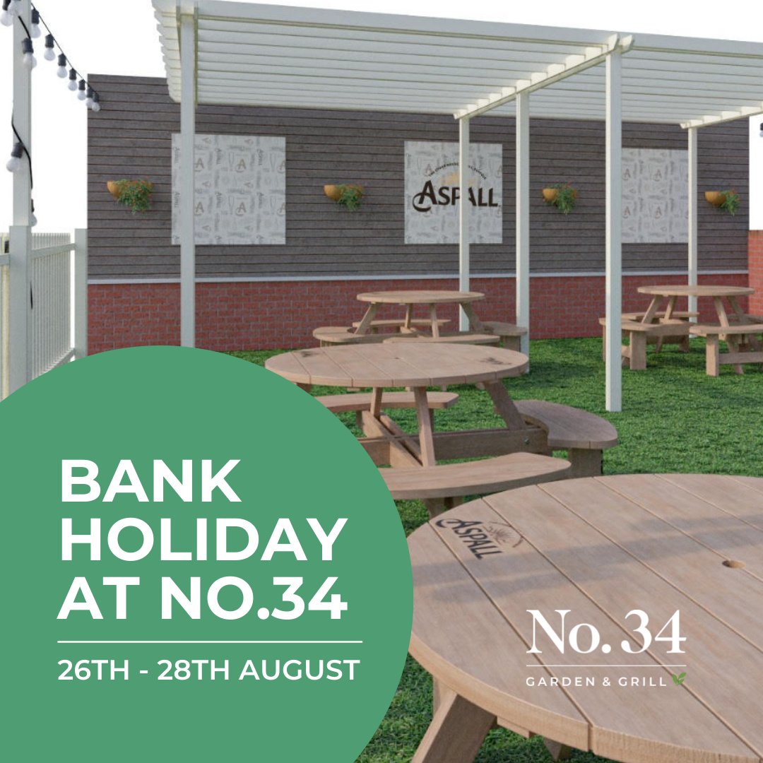 BANK HOLIDAY AT NO.34 🌱 We’re celebrating the opening of our new @Aspall Cyder garden this #BankHoliday, with three fun evenings of #LiveMusic, food and drinks. We’ll be supplying free half pints of Aspall Cyder each day, and we’ll show that we know how to throw a #Party!