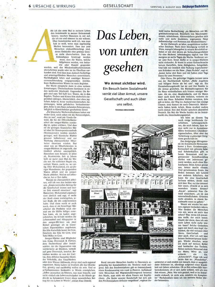 #Armut in einem der reichsten Länder der Welt mit einer einigermaßen funktionierenden Sozialpartnerschaft: 
"Verkaufswagenfahrer für eine Bäckerei. Arbeitsbeginn täglich vier Uhr morgens an sechs Tagen die Woche." Das geringe Einkommen berechtigt zum Einkauf im Sozialmarkt!