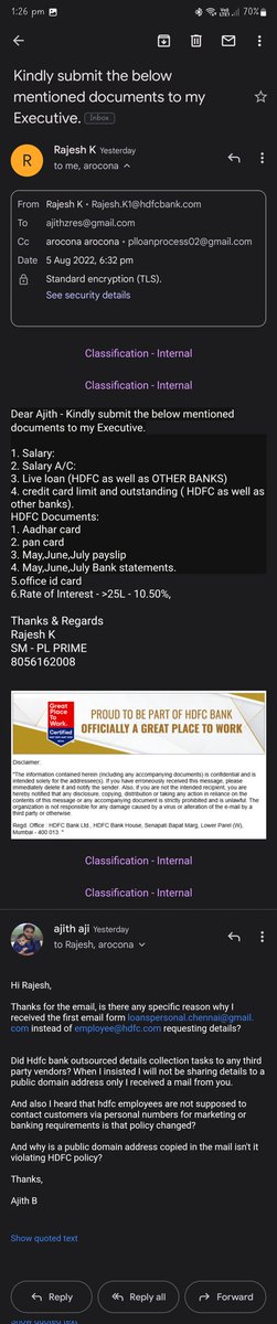 ajithzres's tweet photo. @HDFCBank_Cares @HDFC_Bank @NichaniHitesh Attaching one more of similar mail, if you check you can clearly see a public email address in cc in a mail I received from user@hdfcbank.com. This is when I insisted that I won't share any details to anyone from a public address. https://t.co/1hp1tKtdC6