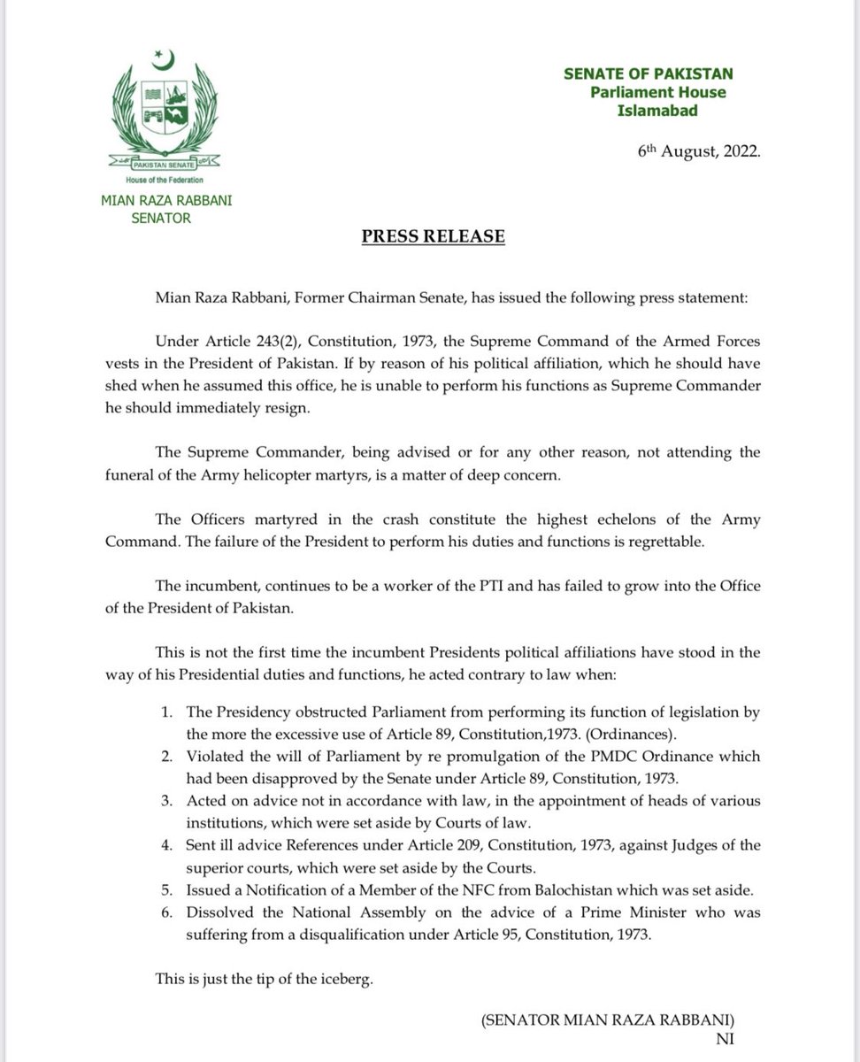 صدر ڈاکٹر عارف علوی نے آئین کی دفعہ 209 کے تحت سپریم کورٹ کے ایک معزز جج کے خلاف ریفرنس سپریم جوڈیشل کونسل کو بھیجا جو مسترد ہو گیا صدرمملکت کو اپنے خلاف رضا ربانی کی چارج شیٹ کا ٹھوس جواب دینے کی ضرورت ہے