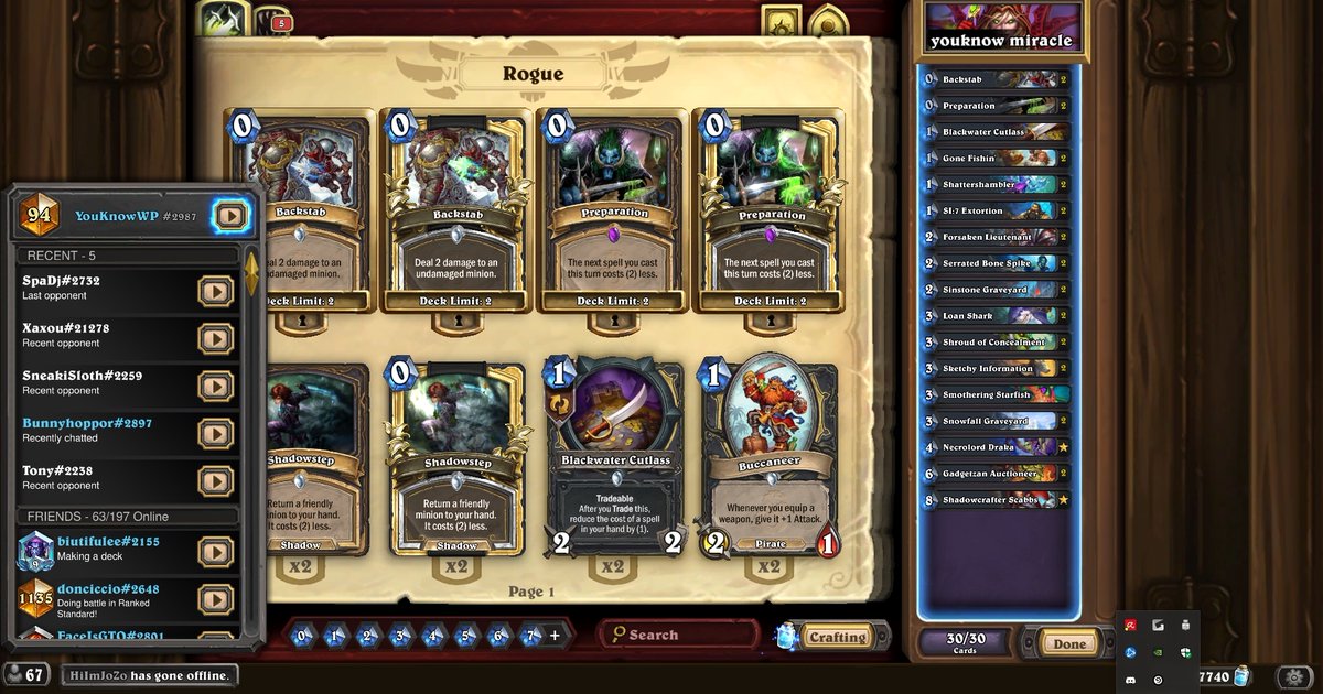From 1000 to Top 100 My take on Miracle rogue awesome deck Enjoy ;)
DeckCode:AAECAaIHBL2ABPuKBI21BPbdBA3+7gPT8wOh9APr9gORnwT3nwSgoAT8pQS3swSJ0gTj0wT13QTBgwUA