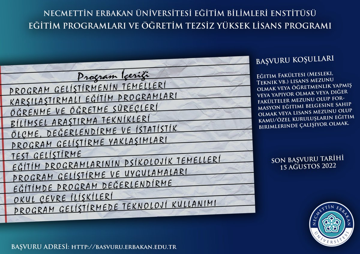 NEÜ Eğitim Bilimleri Enstitüsü (@egitimbil_neu) on Twitter photo <a href="/NEUniversitesi/">Necmettin Erbakan Üniversitesi</a> <a href="/egitimbil_neu/">NEÜ Eğitim Bilimleri Enstitüsü</a> Eğitim Programları ve Öğretim Tezsiz Yüksek Lisans Programı başvuruları devam ediyor.<a href="/m_caliskan33/">Muhittin Çalışkan</a> <a href="/bunyaminaydin63/">Bünyamin Aydın</a> <a href="/CemZorlu/">Prof. Dr. Cem Zorlu</a>
Detaylar 👇👇👇bit.ly/neuepoilan <a href="/NEUniversitesi/">Necmettin Erbakan Üniversitesi</a> <a href="/egitimbil_neu/">NEÜ Eğitim Bilimleri Enstitüsü</a> Eğitim Programları ve Öğretim Tezsiz Yüksek Lisans Programı başvuruları devam ediyor.<a href="/m_caliskan33/">Muhittin Çalışkan</a> <a href="/bunyaminaydin63/">Bünyamin Aydın</a> <a href="/CemZorlu/">Prof. Dr. Cem Zorlu</a>
Detaylar 👇👇👇bit.ly/neuepoilan