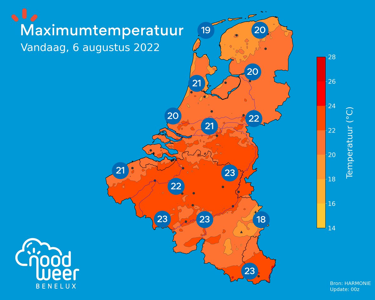 NoodweerBenelux's tweet photo. Goedemorgen! We beginnen het #weekend meteen met veel #zonneschijn. In de loop van de dag ontstaan geleidelijk stapelwolken, maar het blijft overal droog. Door een frisse #bries uit noordelijke richtingen warmt het (nog) niet echt op. De #maxima liggen tussen 18 en 23 graden. https://t.co/YqahKeBOW3