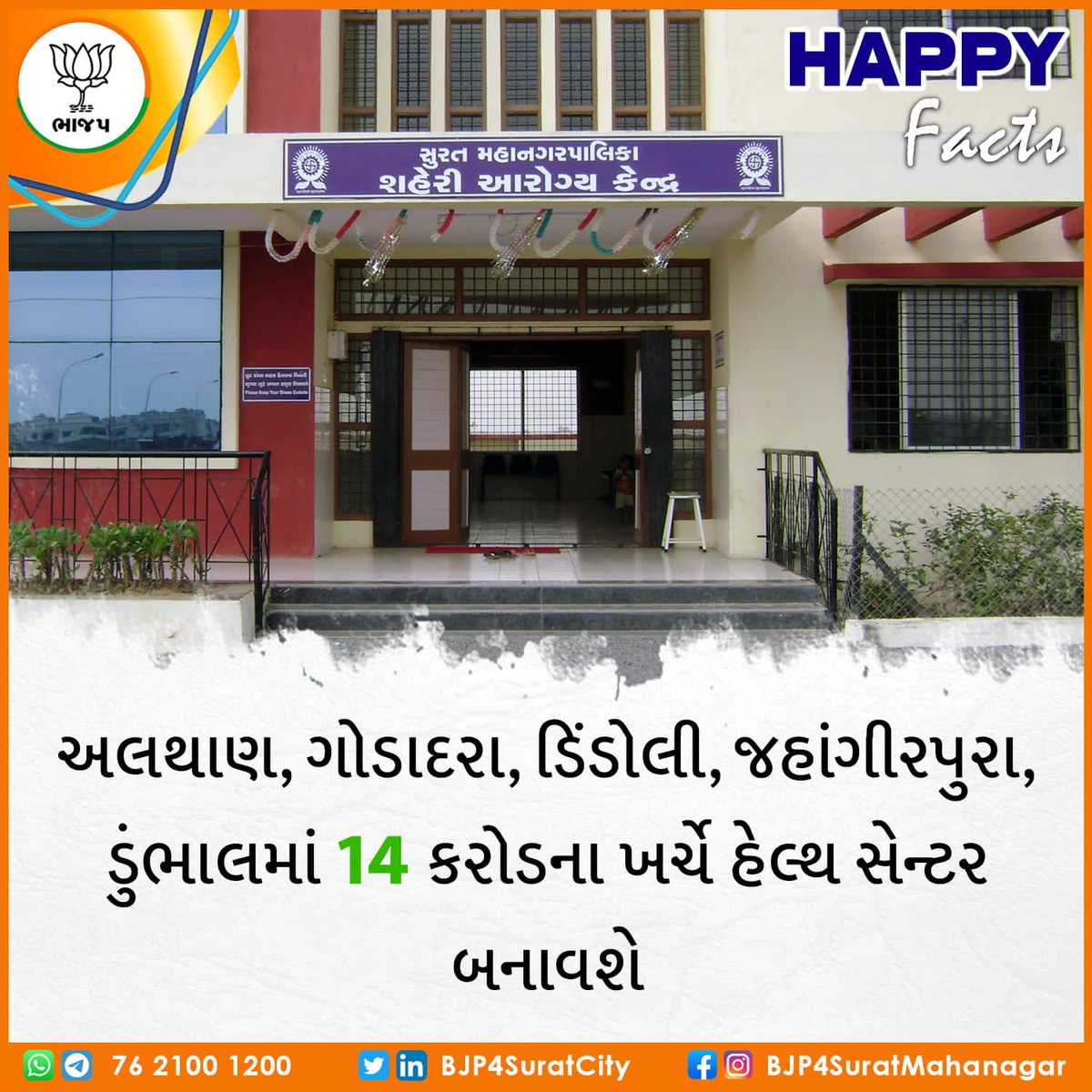 BJP4SuratCity's tweet photo. Happy Facts!!!
અલથાણ , ગોડાદરા , ડિંડોલી , જહાંગીરપુરા , ડુંભાલમાં 14 કરોડના ખર્ચે હેલ્થ સેન્ટર બનાવશે
#Gujarat #Surat #HealthCenter #Althan #Godadara #Dindoli #Jahangirpura #Dumbhal
#BJP4Surat #BJP4Gujarat https://t.co/ii9t40SVEZ