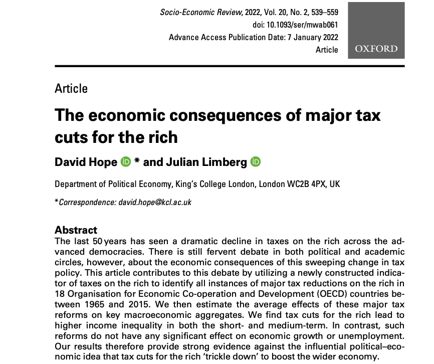 Tax cuts for the rich lead to higher income inequality. But they do not have any significant effect on economic growth or unemployment. Evidence for 18 OECD countries over 1965-2015 in this new paper published in Socio-Economic Review: