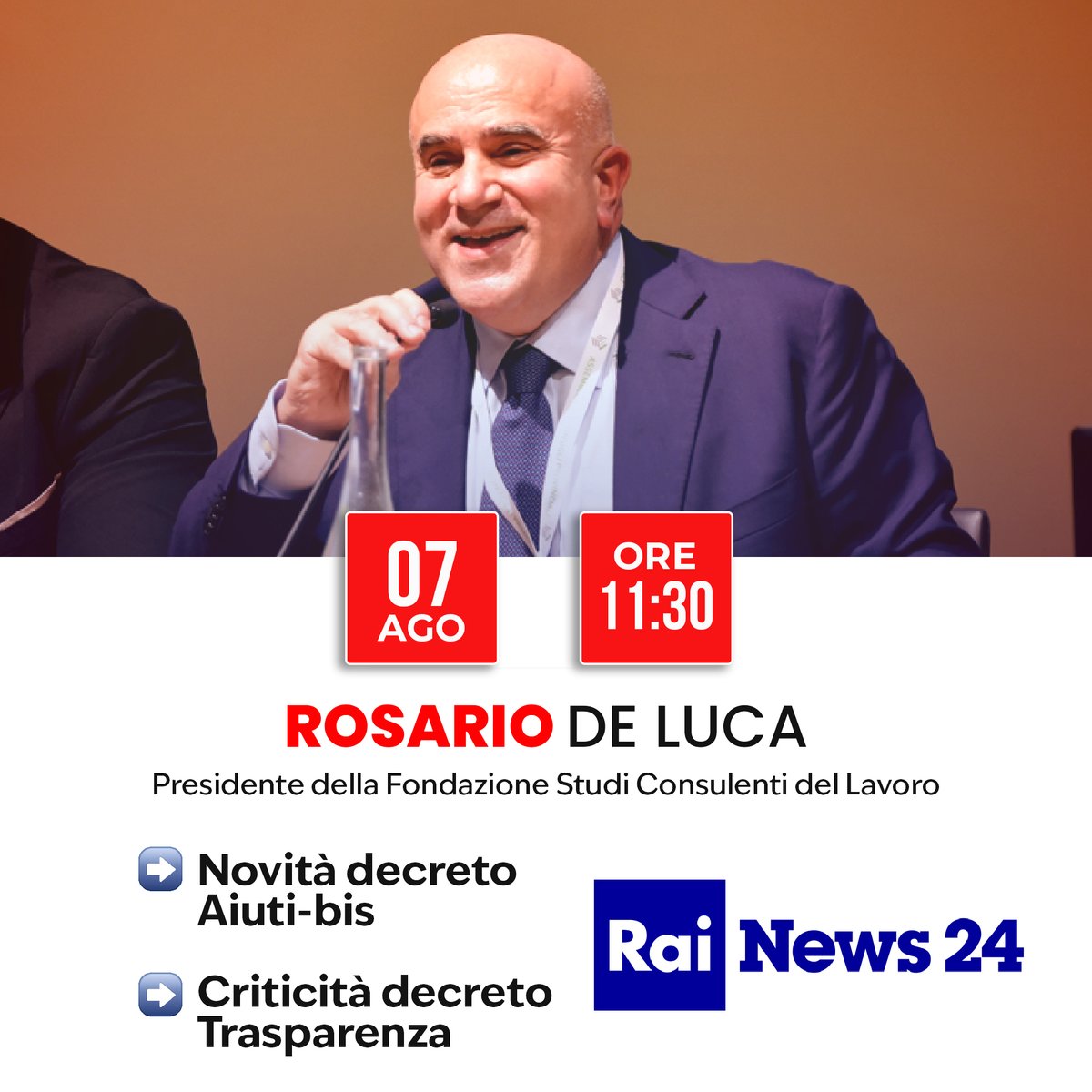FondazioneStudi's tweet photo. #savethadate
🎙️ Il Presidente della Fondazione Studi, Rosario De Luca, interverrà 📅 domenica 7 agosto alle ore 11:30 su Rai News24 per parlare delle novità del decreto Aiuti-bis e delle criticità del decreto Trasparenza❗

@RaiNews https://t.co/yoZLbzudSC