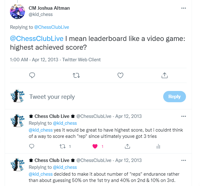 ChessClubLive's tweet photo. The moment @kid_chess suggest I add a leaderboard to @chessmastercube and he helps invent the first version of Puzzle Rush, way back in 2013. Five years before @chesscom published their Puzzle Rush.
#PuzzleRush #Origins #JoshuaAltman #ChessMasterCube https://t.co/jKS6HbN904