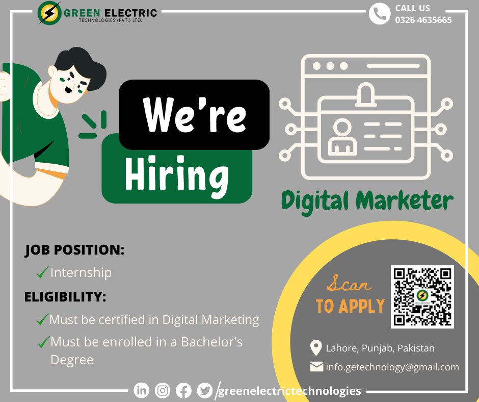 GreenElectric5's tweet photo. We are hiring! 

Digital Marketer 

Apply link : https://t.co/43ZyTbsN0r
Deadline: 20th August 2022

For Queries:
📞 0326-4635665
✉️ info.getechnology@gmail.com

.
.
.
.
.
.
  #renewableenergysystems #job #internship #jobsearch #jobseekers #digitalmarketing #digital https://t.co/2axd1GYDJ1