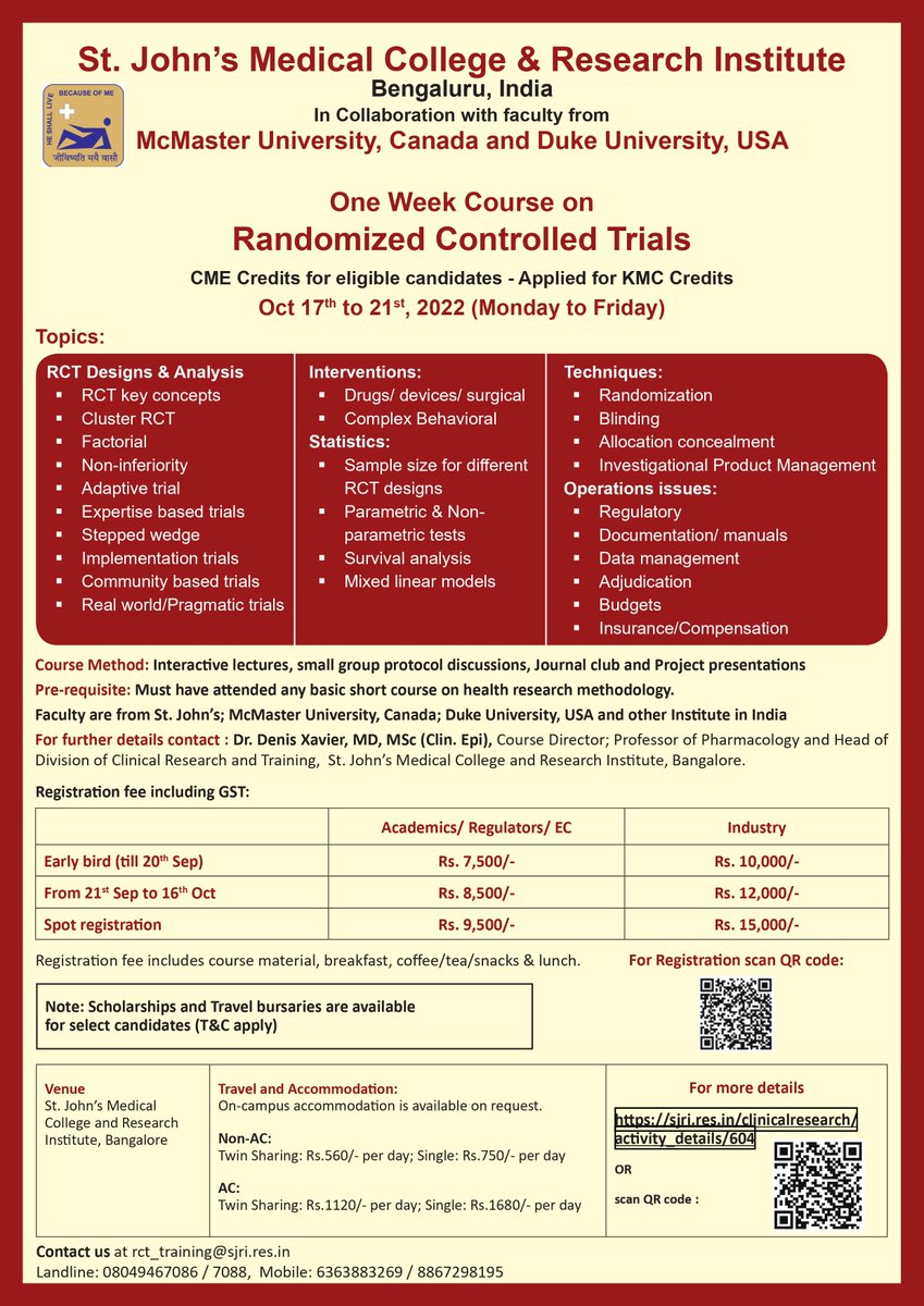 StJohnsResearch's tweet image. One-week course on #RandomizedControlledTrials @StJohnsResearch, @StJohns_Blr in association with faculty from @McMasterU, Canada & @DukeU, USA
Registration: bit.ly/3JDhRZc
Course Details: sjri.res.in/clinicalresear…