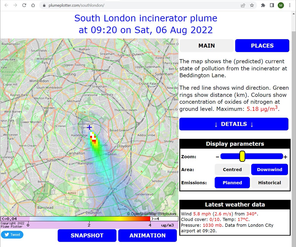 Current data from @plumeplotter suggests wind speed & direction means Beddington, Wallington, Roundshaw, Waddon, Purley is in for most of the pollution at the moment.