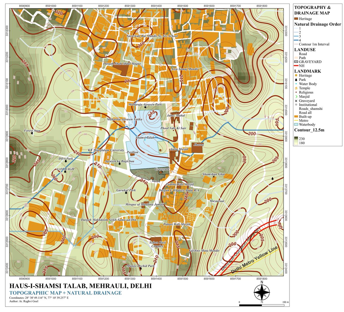 ArRaghvi's tweet photo. #Jaldaroharsanrakshaninternship at 
@AICTE_INDIA

for #AzadiKaAmritMahotsav. 
Contour and Natural Drainage map #Hauzishamsi #Shamshitalab at Mehrauli, Delhi. The stormwater comes from 1.75sqkm Sub-Watershed falls into Talab goes to Jharna
#MissionAmritSarovar 
#IGDTUW
@PMOIndia https://t.co/0IOTRRaDJ3
