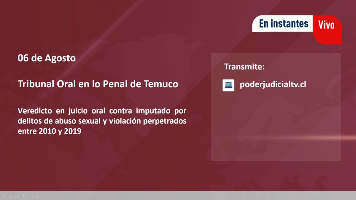🔴 EN VIVO: TOP de Temuco informa veredicto en juicio contra acusado por delitos de abuso sexual y violación, perpetrados entre 2010 y 2019. 

🎥 poderjudicialtv.cl