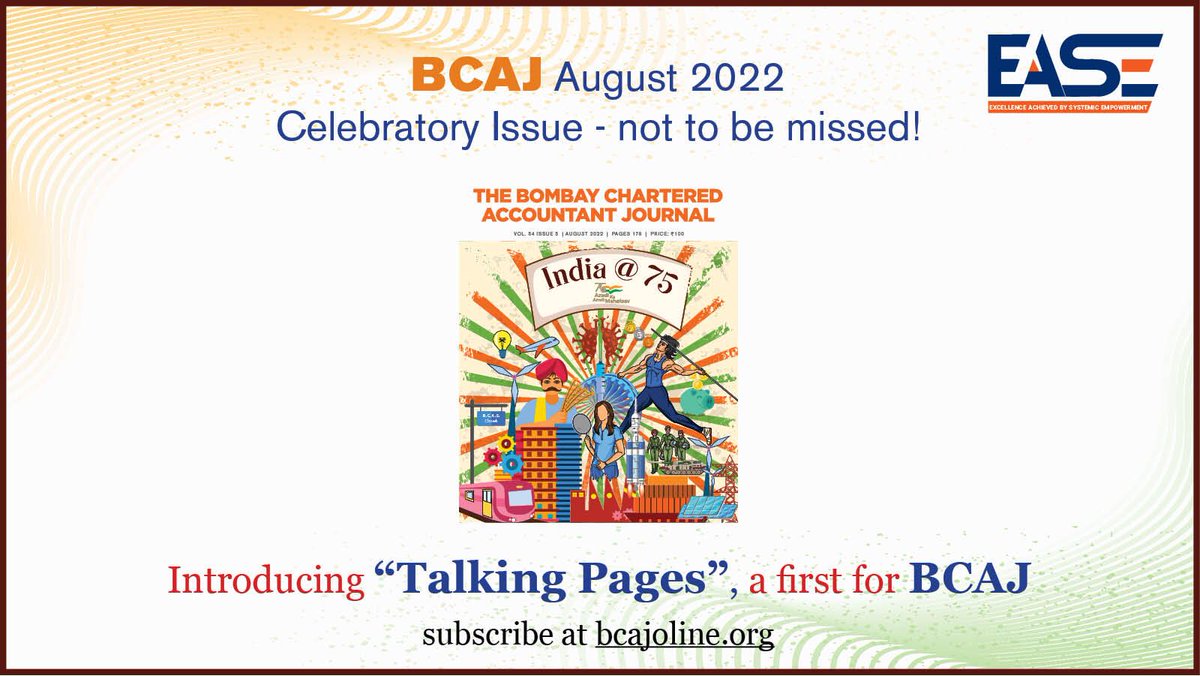 bcasglobal's tweet photo. As a first of it, BCAJ is glad to introduce Talking Pages in our August 2022 Journal, which is a Special Issue celebrating India at 75 
#BCAJ #IndependenceDay2022 #IndependenceDayIndia #IndiaAt75 https://t.co/BP9BxpNWca