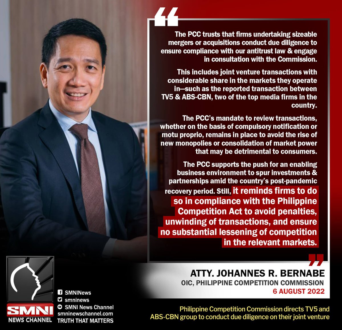 SMNI News on Twitter "Philippine Competition Commission directs TV5 and ABSCBN group to
