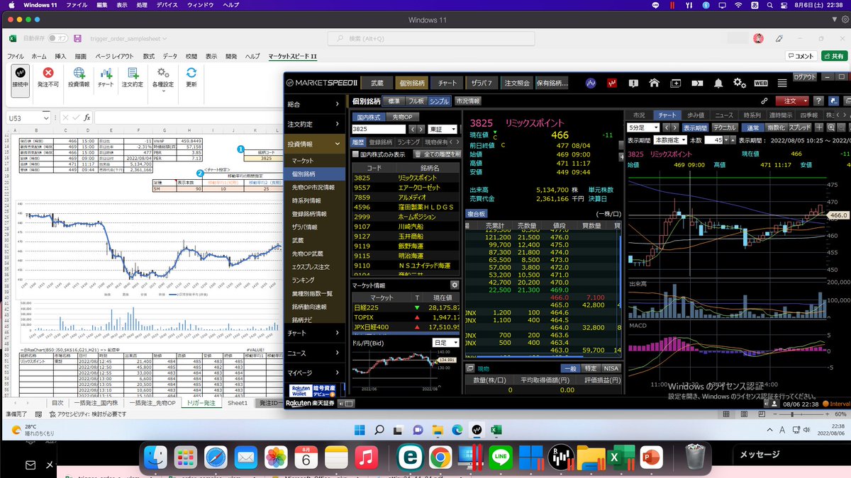 楽天RSS試してみたくなり、わたしのMac mini M1 に、Parallels Desktop、Windows11 ARM版  、Office365をインストールしました。 Excel にマーケットスピードⅡ RSSを設定し無事動きました☺️ 3825 リミックスポイントの チャートデータを読み込んで2区間移動平均した ...