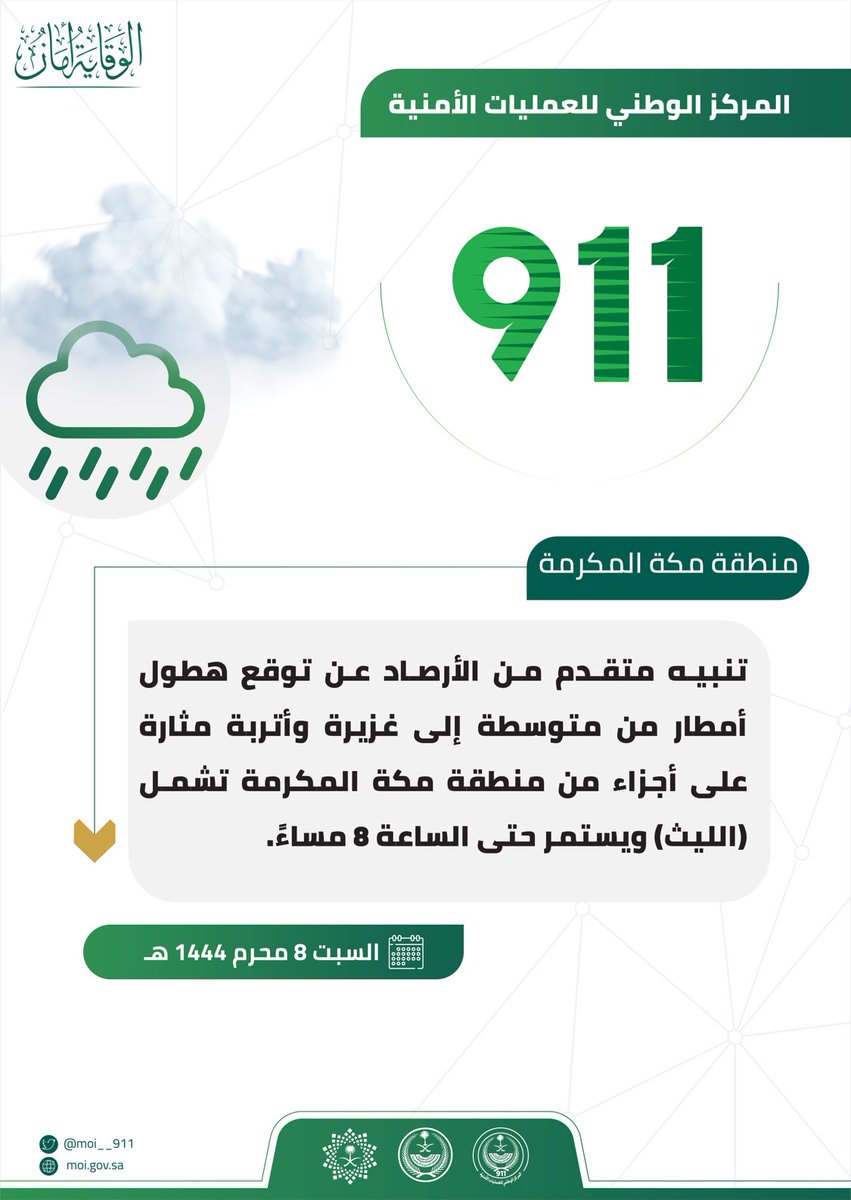 تنبيه متقدم من الأرصاد عن توقع هطول أمطار من متوسطة إلى غزيرة على أجزاء من منطقة ⁧#مكة_المكرمة تشمل (الليث) ويستمر حتى الساعة 8 مساءً.
⁧#المركز_الوطني_للعمليات_الأمنية⁩
⁧#الوقاية_أمان