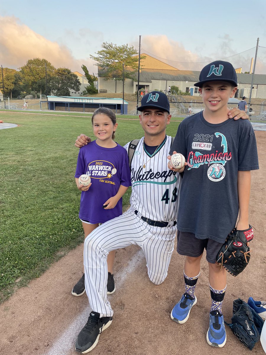 PBIbaseball's tweet photo. Joe Cinnella is finishing up the summer with the Brewster Whitecaps in the Cape Cod League and two current PBI students Jason and Molly Brady are vacationing from NY and cheering Joe on! #PBIbaseball #njbaseballtraining #capecodbaseball https://t.co/9GqJzsXcIO