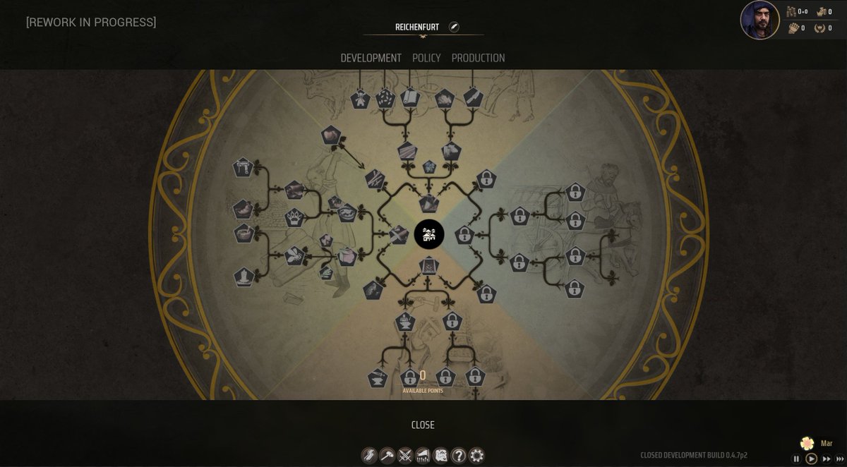 LordsManor's tweet image. Yet another rework of the Development Tree is in progress. The testers voted that the previous one lacked structure and readability. I added the ability to zoom in/pan and this way I can fit more &quot;Branches&quot;. For those who don&apos;t know This tree is all about regional specialization.