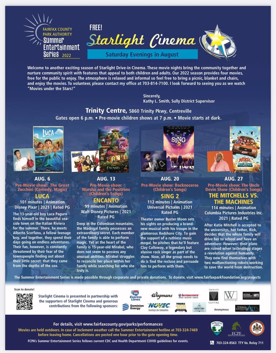 fairfaxcounty's tweet photo. 🎟️ Drive-In Movies begin this Saturday, August 6! 

Enjoy Starlight Cinema, outdoor movie nights with your family and friends. Bring a picnic, blanket and chairs, and watch “Movies under the Stars!” https://t.co/QGqIBYVgDu https://t.co/e87NNxoXTr
