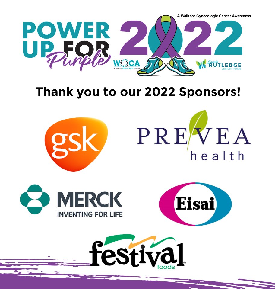 WIOvarianCancer's tweet photo. 🤩 Thank you to our 2022 Power up for Purple Sponsors!  🤩 @festfoods @GSK @Prevea @Merck @EisaiUS 
Registration is still open.  Join us August 21st for our first in-person run/walk at Heritage Hill State Park. 
Click the link below for more information:
https://t.co/tgmxSjOfcq https://t.co/jbB3CqbLI6