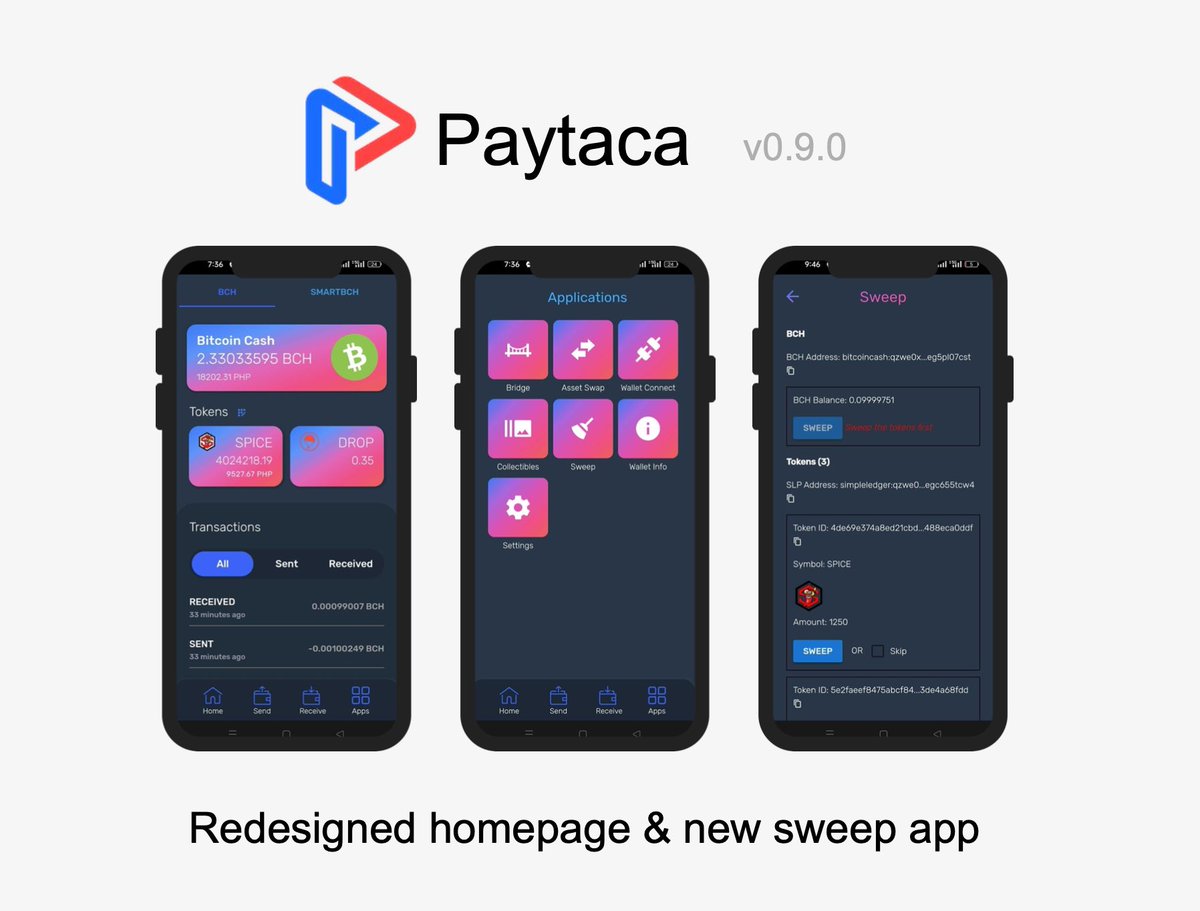 _paytaca_'s tweet photo. We have released version 0.9.0 of Paytaca wallet app. The homepage has been redesigned to make it more clear that we are focused on #BitcoinCash and its tokens. We have added a new app for  sweeping BCH and tokens from a given private key.

Release notes: https://t.co/LrpRMsXCXZ https://t.co/McLU6kkHng