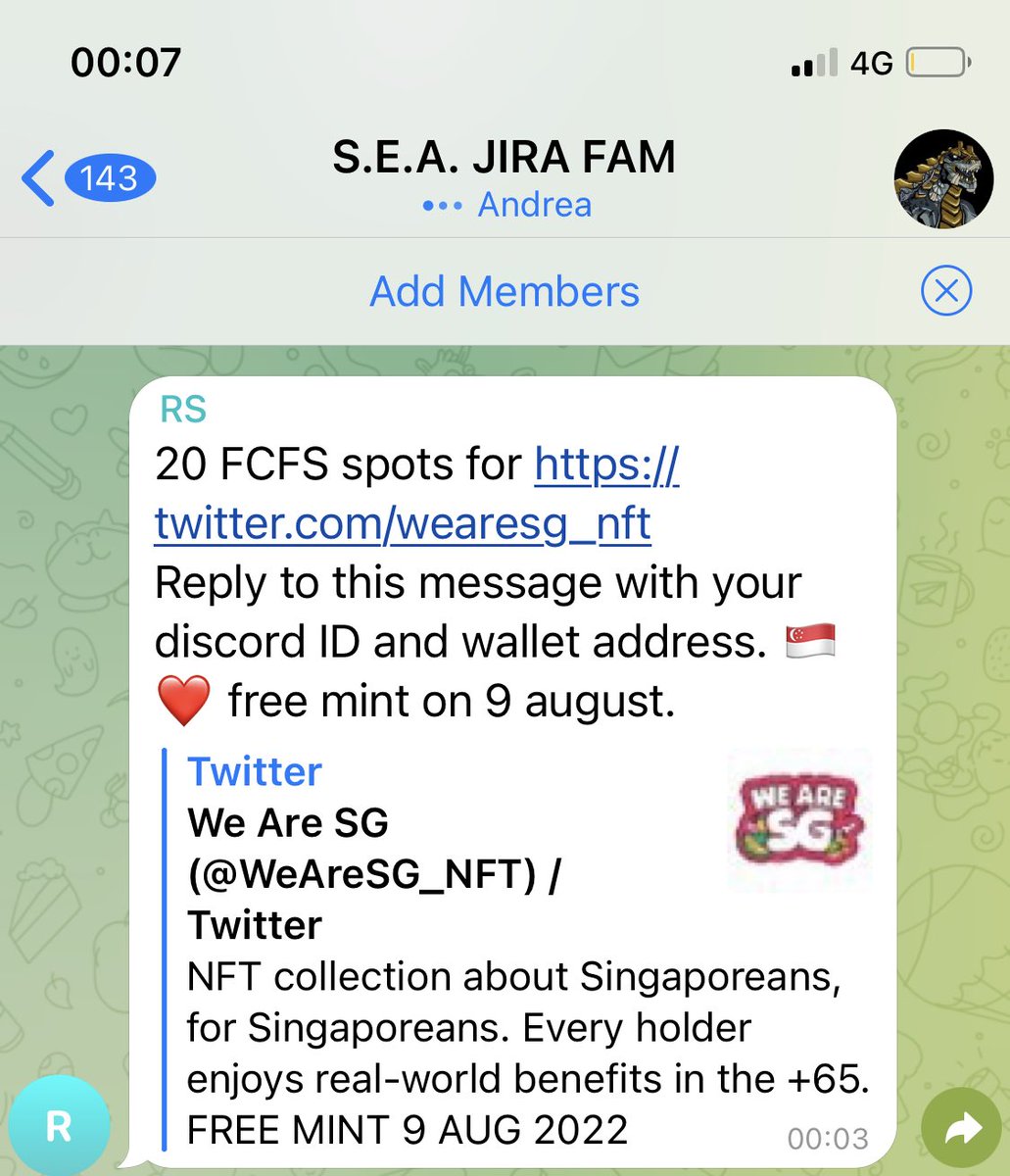 FCFS spots going even in Telegram group 😅 courtesy of <a href="/rosymonsterr/">Rosymonster</a> 

Less than a day since this was started but probably will be having regular opportunities here too

Will be sending the link to rest of those who dmed or commented in the post before :)