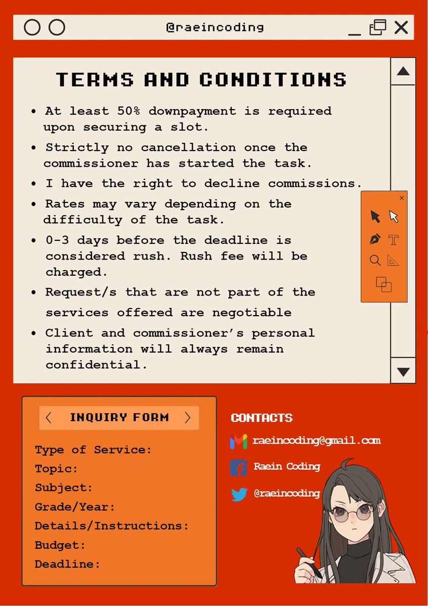 raeincoding's tweet image. Hello, #commstwt! Need a help on doing your task? your personal academic sidekick is here!

Raein Coding offers different services with a student-friendly price. 

For more details pls view the photos below, pls send a dm for inquiries.