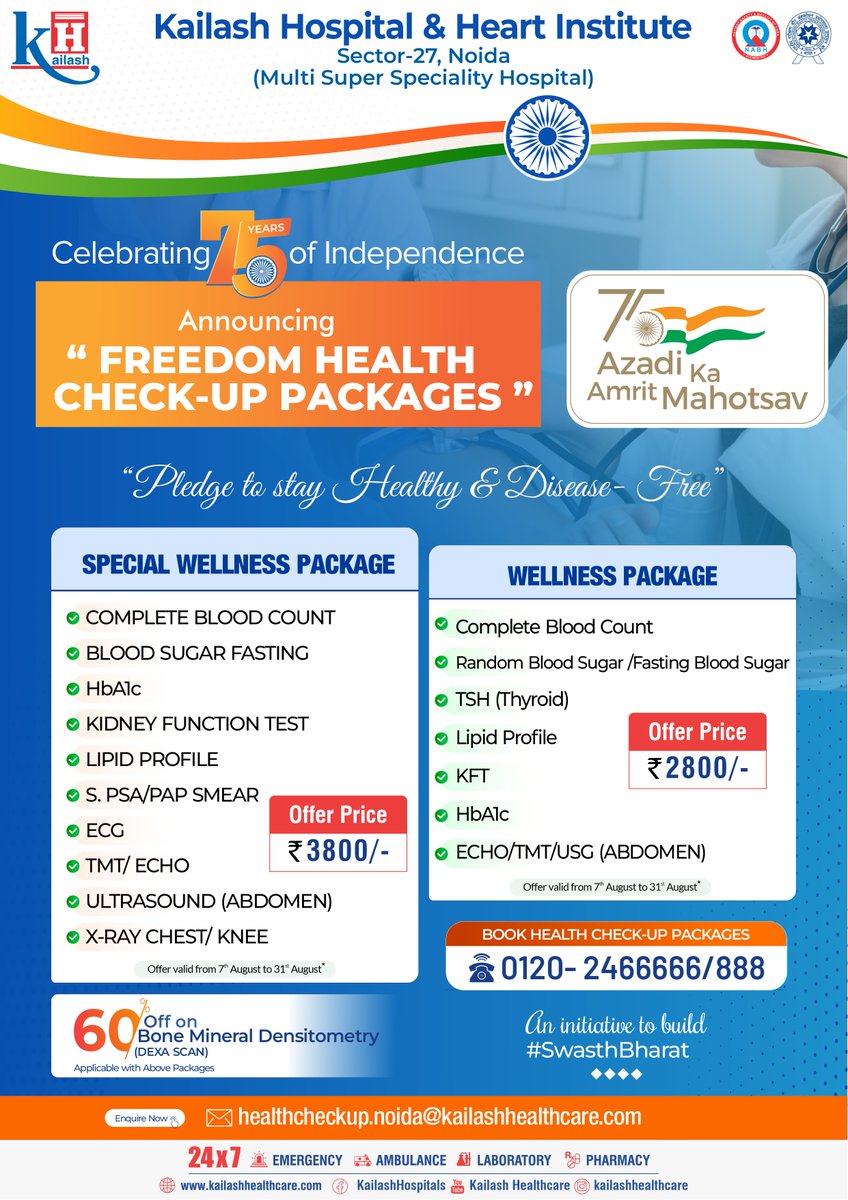 KailashHealth's tweet photo. Celebrating 75 yrs of Independence, Kailash Hospital Sec 27 Noida announces Exclusive FREEDOM HEALTH CHECKUP PACKAGES just for you!
Let us pledge to get freedom from health problems.
Call us: 0120- 2466666/ 888
Offers valid from 7th - 31st Aug'22.
#HealthOffers #HealthCheckup https://t.co/NSr2BBRFpb