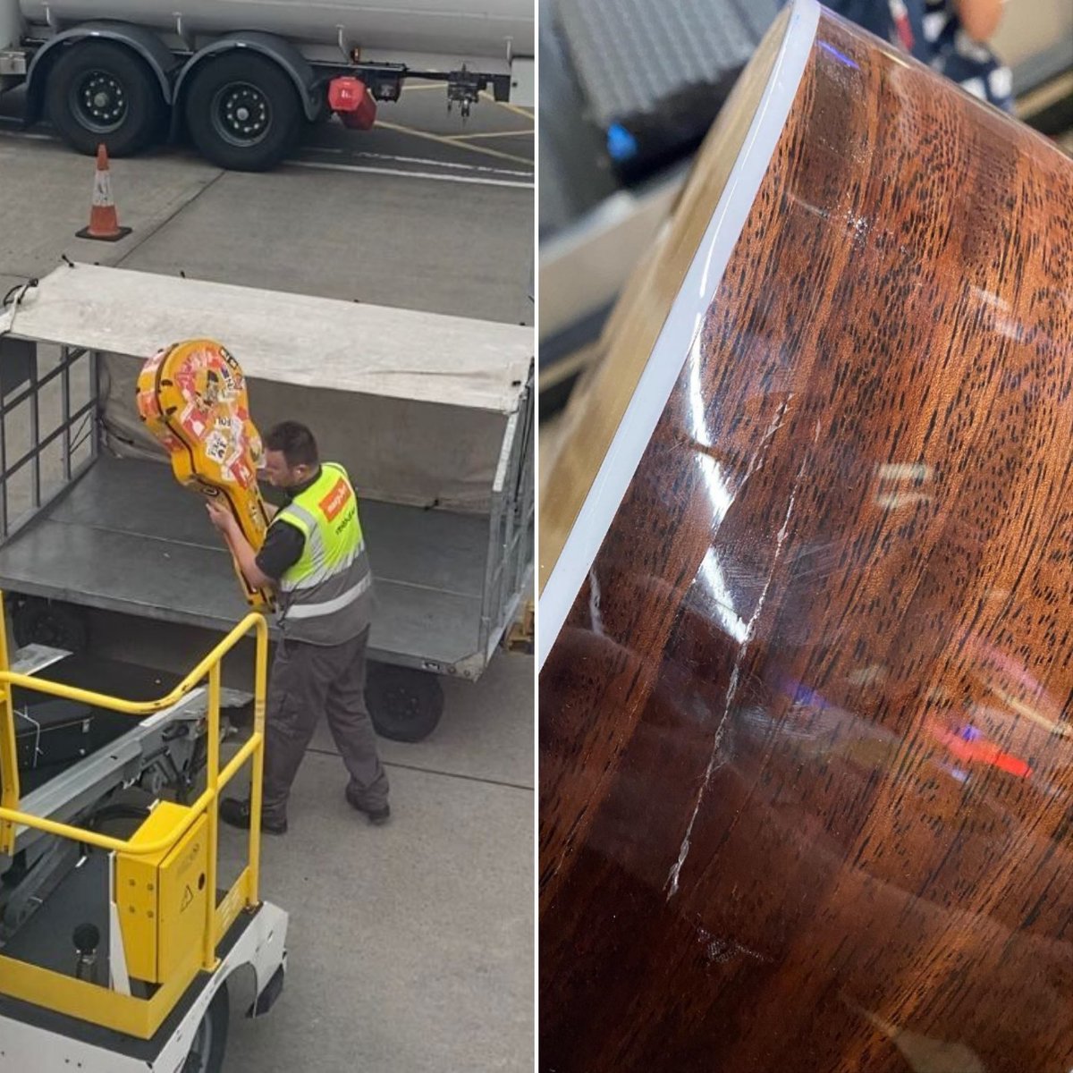 RURA (@ruraband) on Twitter photo Just arrived in Swizterland to find Adam's guitar - damaged.
Not entirely unexpected after watching it being handled in <a href="/EDI_Airport/">Edinburgh Airport</a> by an <a href="/easyJet/">easyJet</a> baggage handler.
Asked <a href="/swissportNews/">Swissport</a> for help in <a href="/GeneveAeroport/">Genève Aéroport</a> and were laughed at by the manager "a scratch". Just arrived in Swizterland to find Adam's guitar - damaged.
Not entirely unexpected after watching it being handled in <a href="/EDI_Airport/">Edinburgh Airport</a> by an <a href="/easyJet/">easyJet</a> baggage handler.
Asked <a href="/swissportNews/">Swissport</a> for help in <a href="/GeneveAeroport/">Genève Aéroport</a> and were laughed at by the manager "a scratch".