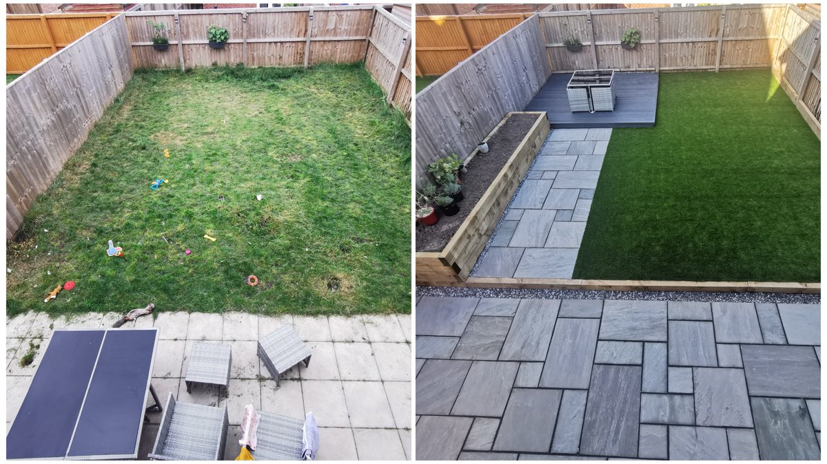 BeckieKinsella's tweet photo. Before &amp; after transformation of my garden! 🤯😍 Couldn't be happier with it, the lads at Als Landscaping are incredible!!! 👍🏻 #gardengoals https://t.co/xTryvJVPnw