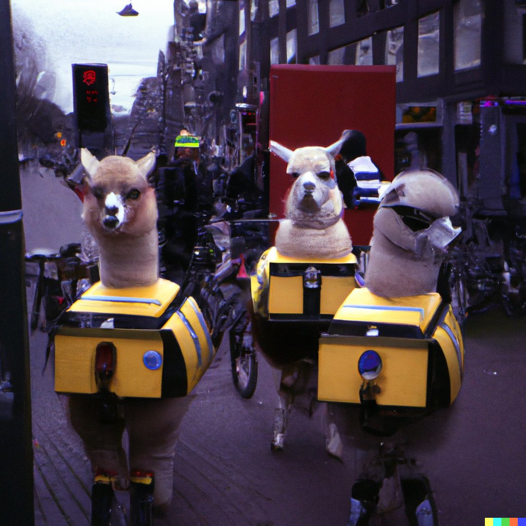 Received my Dall-E invitation today #dalle2 "A grainy fujifilm colour photo of alpaca robot cops roaming the streets of Amsterdam in 1983, in a cyberpunk style"