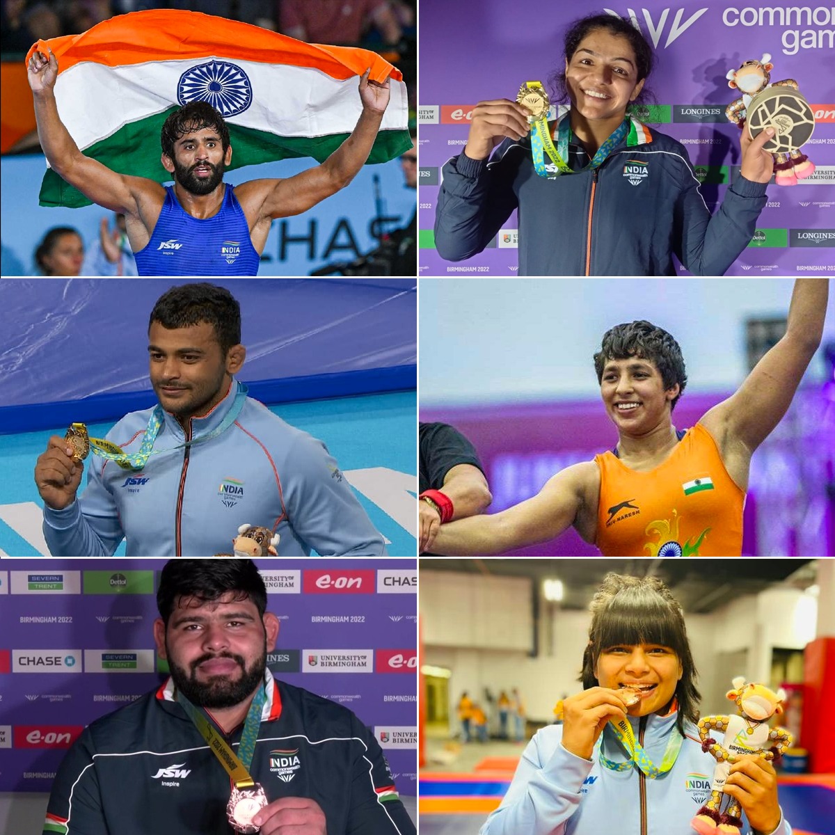 Many congratulations to all of our Indian wrestlers 🤼 for such a spectacular performance at the #CommonwealthGames2022.

Bajrang Punia 🥇
Deepak Punia 🥇
Sakshi Malik 🥇
Anshu Malik 🥈 
Divya Kakran 🥉
Mohit Grewal 🥉