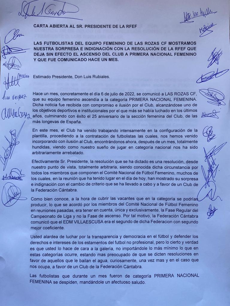 CARTA DEL PRIMER EQUIPO FEMENINO DE LAS ROZAS <a href="/LasRozas_CF/">Las Rozas CF</a> <a href="/LRZFEM/">LRZFEM</a> <a href="/rfef/">RFEF</a> <a href="/RFFM_oficial/">RFFM</a>