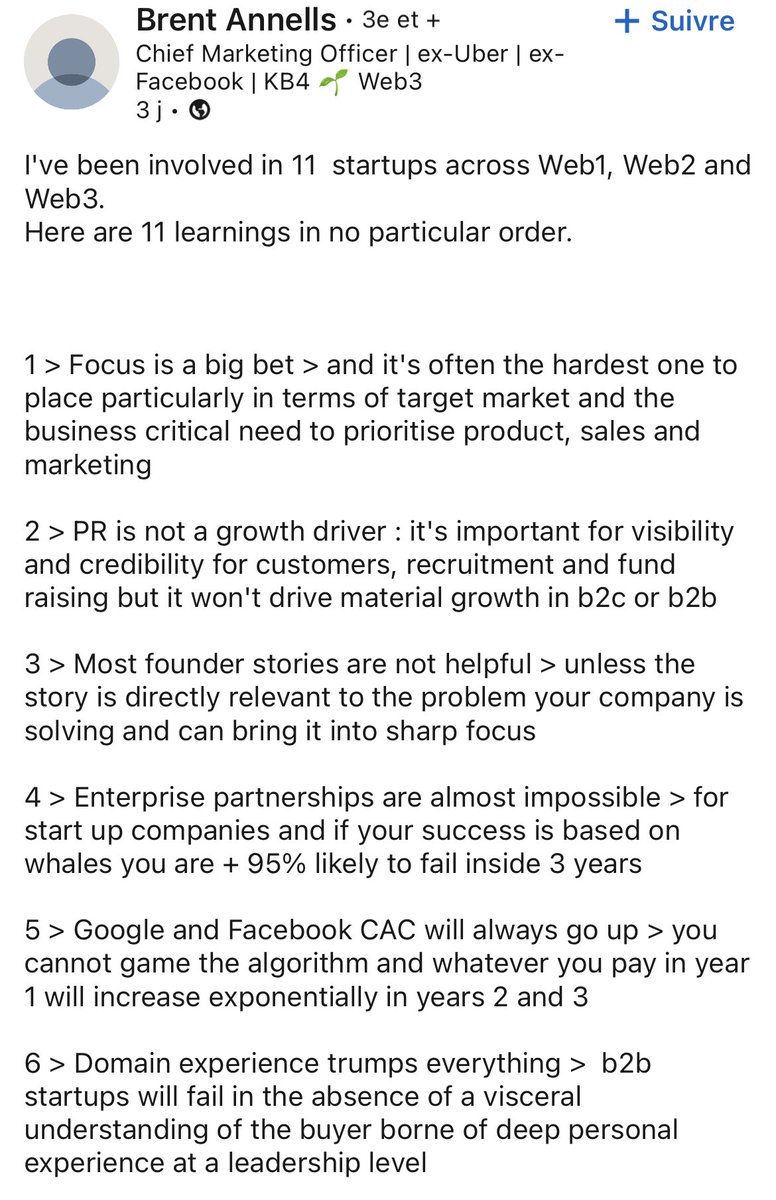 TheLordSwissLi1's tweet photo. #BrentAnnels #CMO #exUber #exFacebook … #web1 #web2 #web3 #startups #marketing #growth #innovation
« I've been involved in 11 startups across Web1, Web2 and Web3. Here are 11 learnings in no particular order … »
👀⬇️👀 https://t.co/GBEIWyTrhk