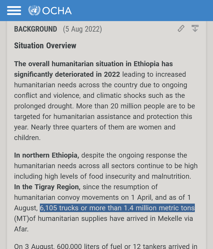 FitwiDesta's tweet photo. Dear .@UNOCHA, is this a typo or deliberate misinformation? How can 6,105 trucks transport "more than 1,400,000 MT"?
The truth is that, as of Aug 1, ONLY 261,000 MT of aid has so far been transported to #Mekelle, most of which sitting there due to lack of fuel.
#CorrectIt https://t.co/027FP1zcId