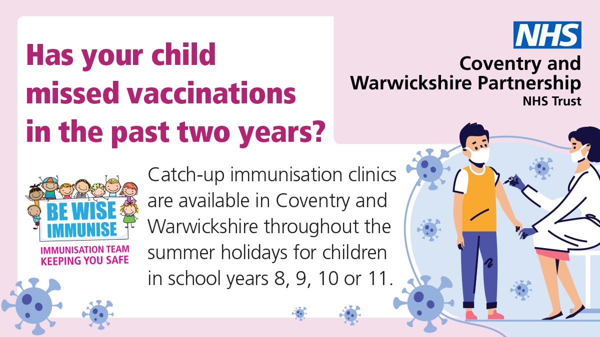 CWPT_NHS's tweet photo. Get your child protected this summer! 

Immunisation clinics for schoolchildren who have missed vaccinations in the past two years are taking place this summer holiday. 

Book at: https://t.co/Xqhk6GZGAi https://t.co/701gxJYV7N